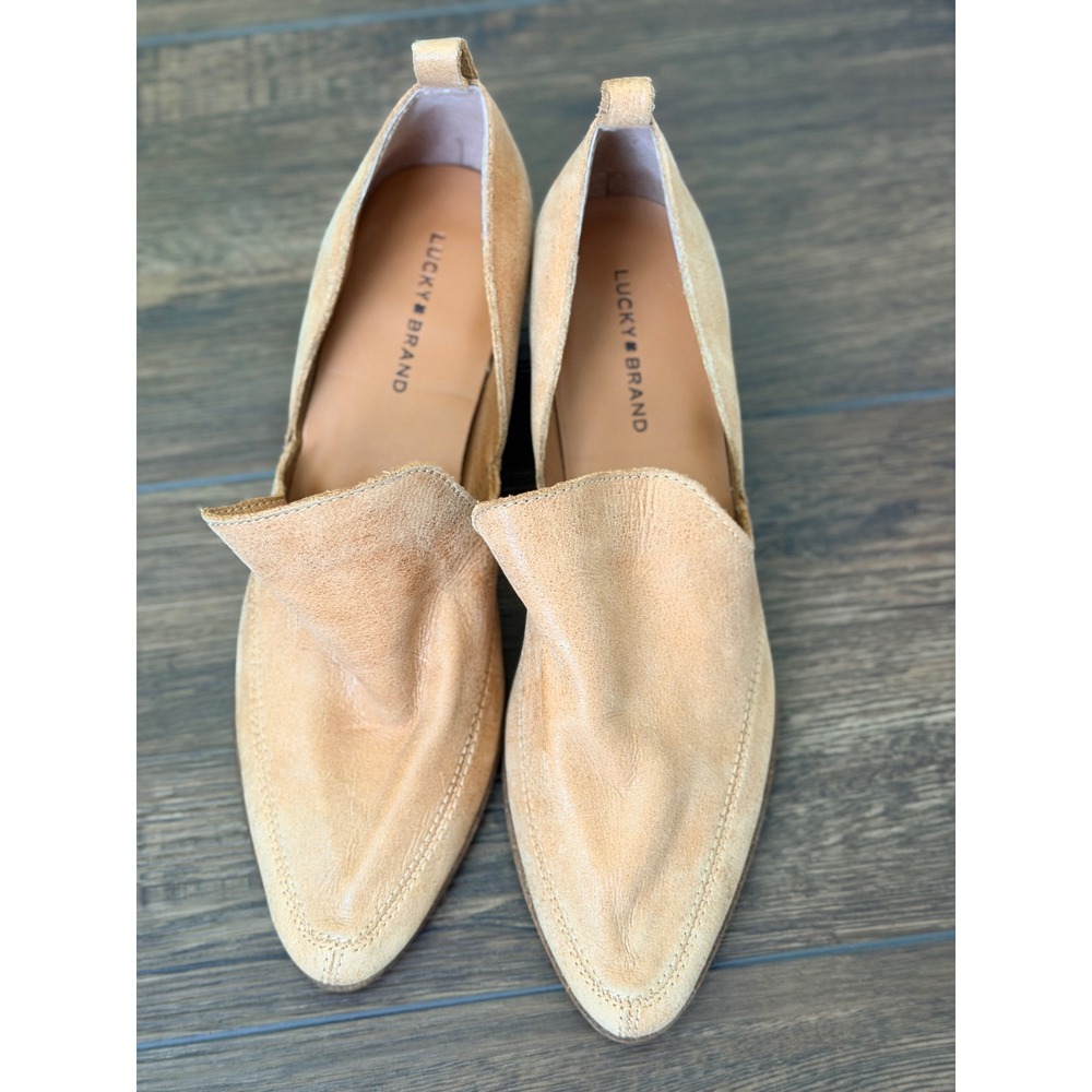 Lucky Brand Mahzan Womens Loafer Tan Leather Slip On Pointed Toe Block Heel 7.5M